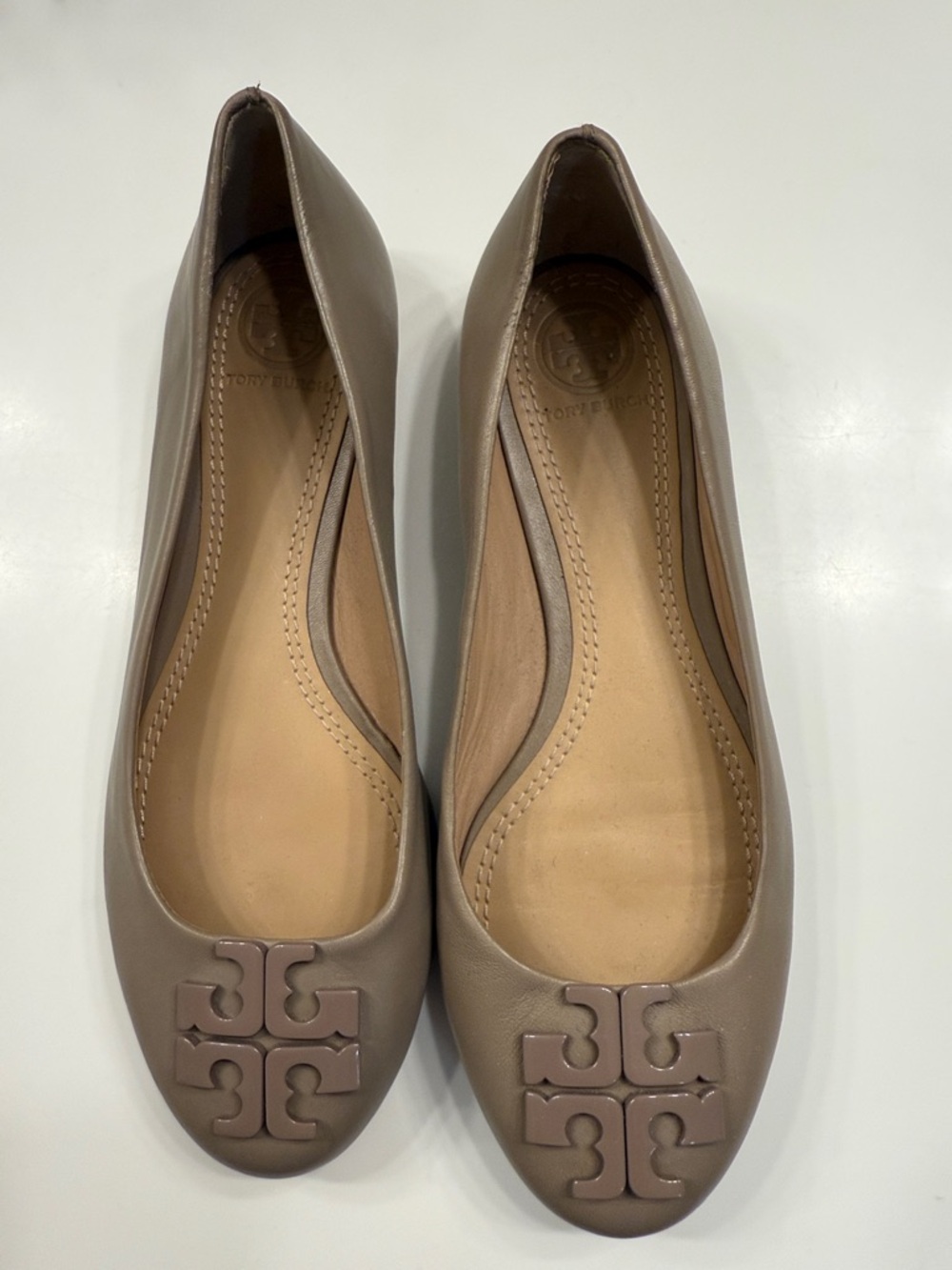 Tory Burch Taupe Leather Logo Ballet Flats